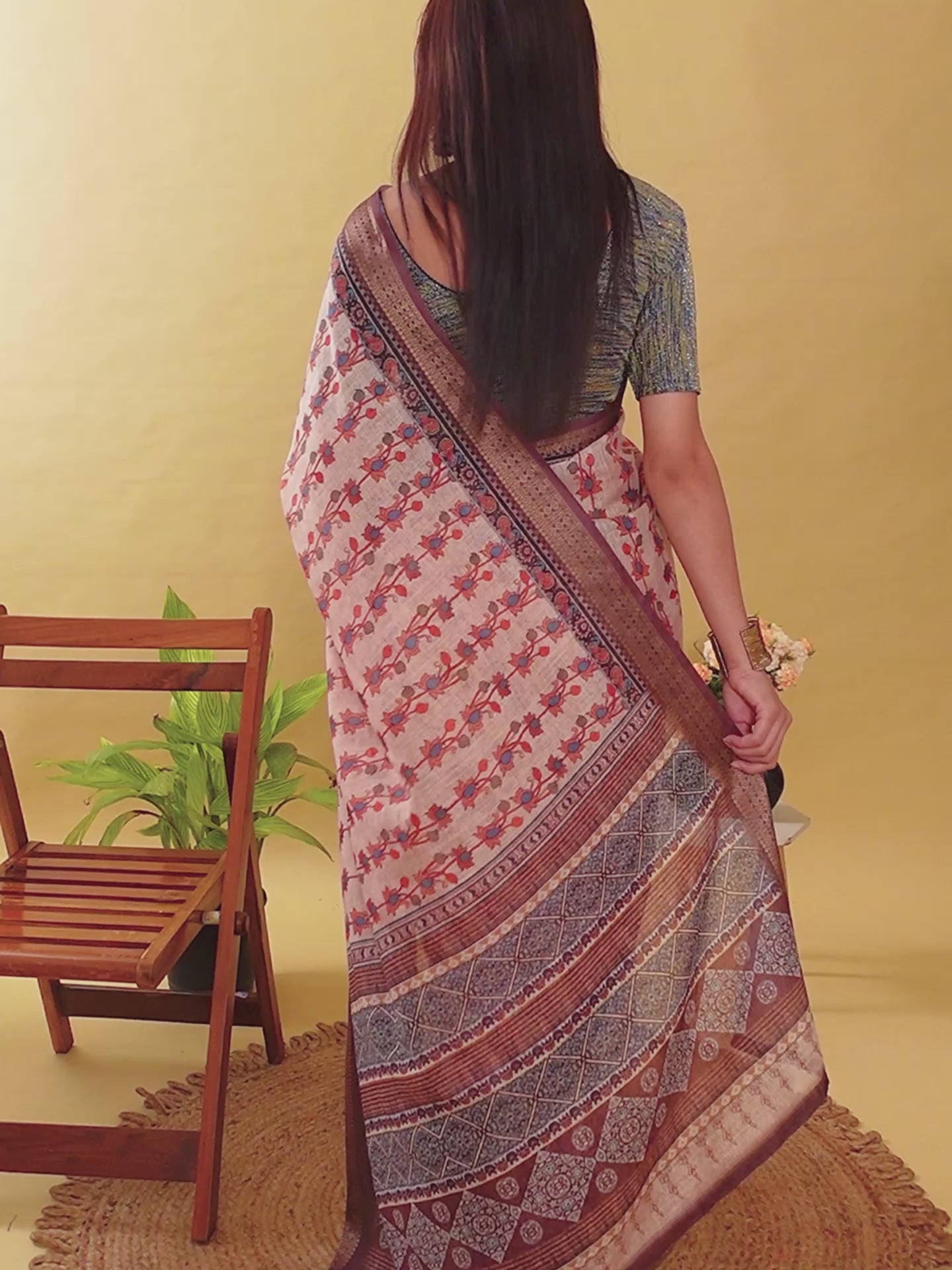 Elegant Beige Floral Print Linen Cotton Saree | Jacquard Patta with Dark Brown Metallic Border